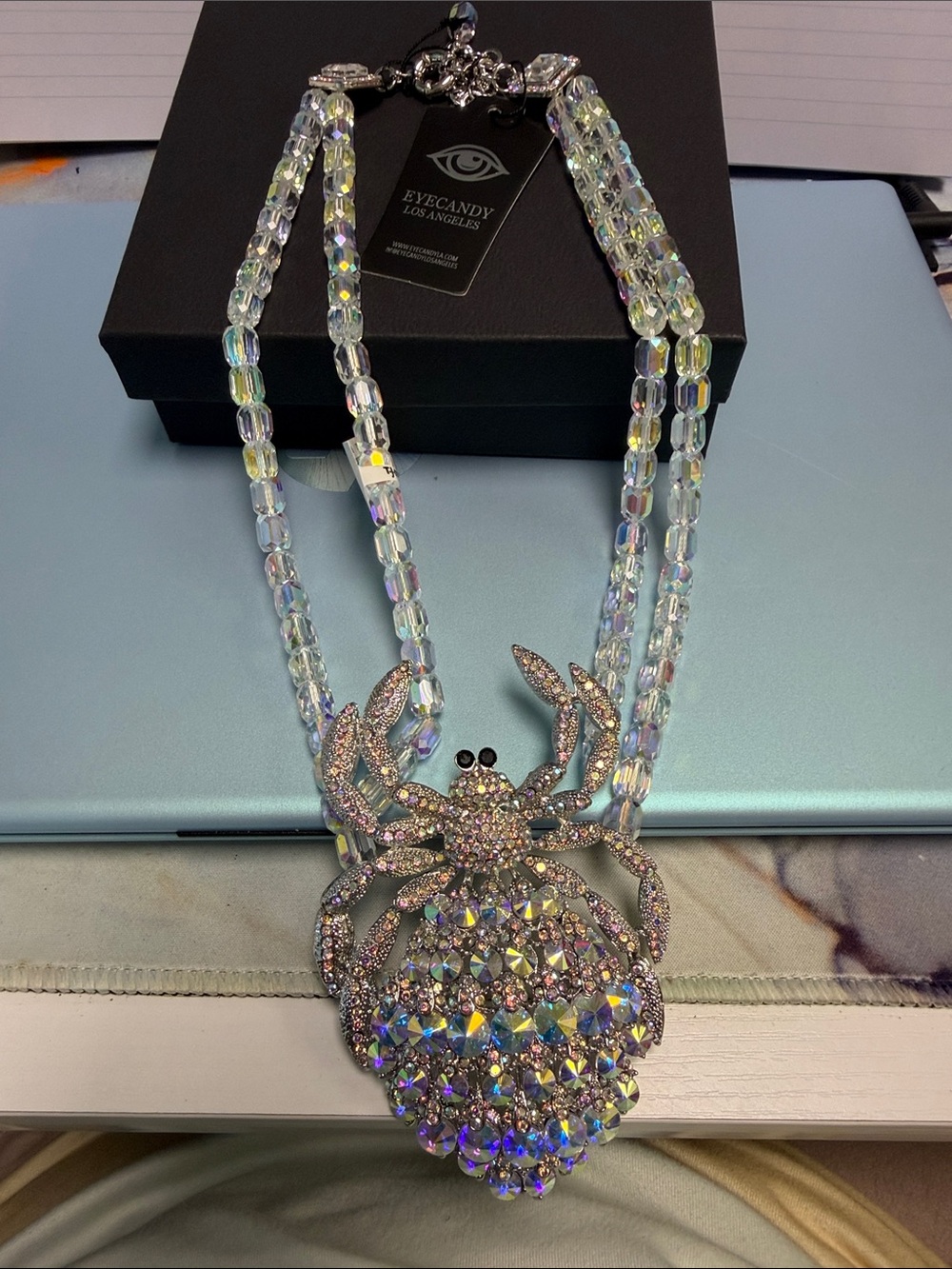NWT Eye Candy LA Aurora Borealis Crystal Spider Statement Necklace